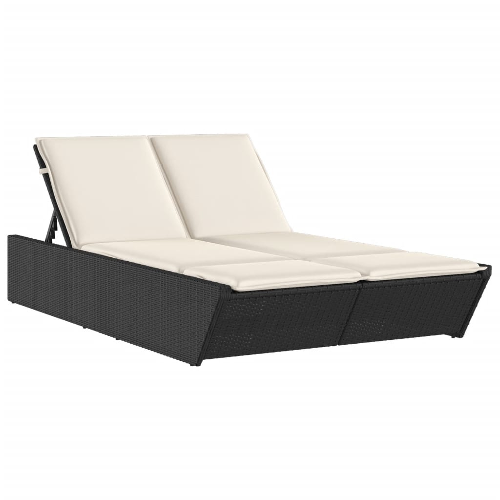 Double Sun Lounger with Cushions Black Poly Rattan