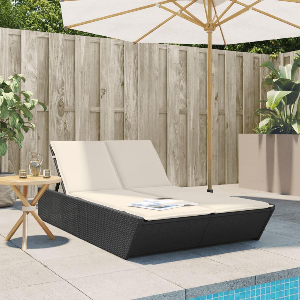 Double Sun Lounger with Cushions Black Poly Rattan