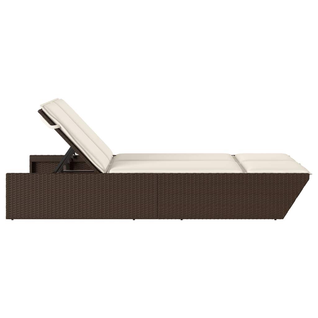 Double Sun Lounger with Cushions Brown Poly Rattan