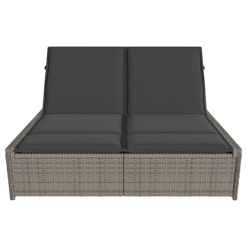 Double Sun Lounger with Cushions Grey Poly Rattan