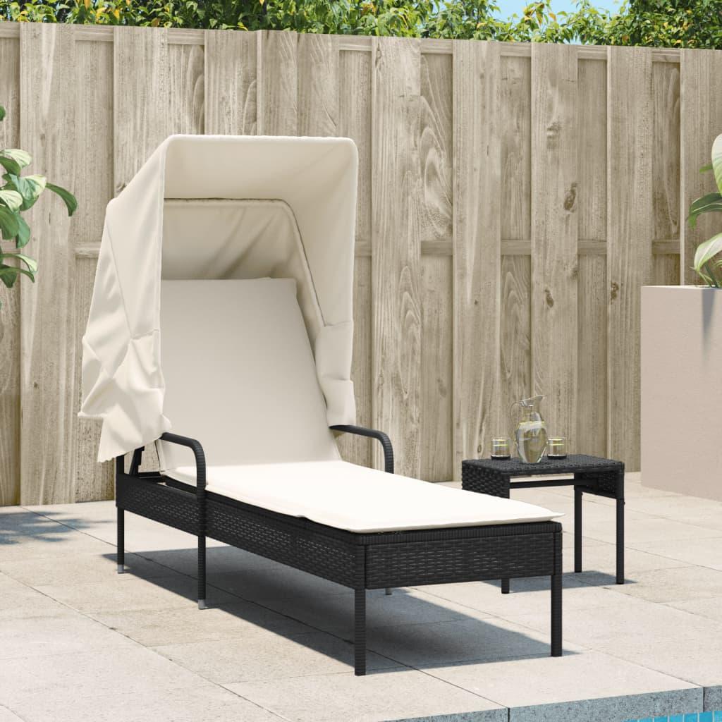 Sun Lounger with Canopy Black Poly Rattan