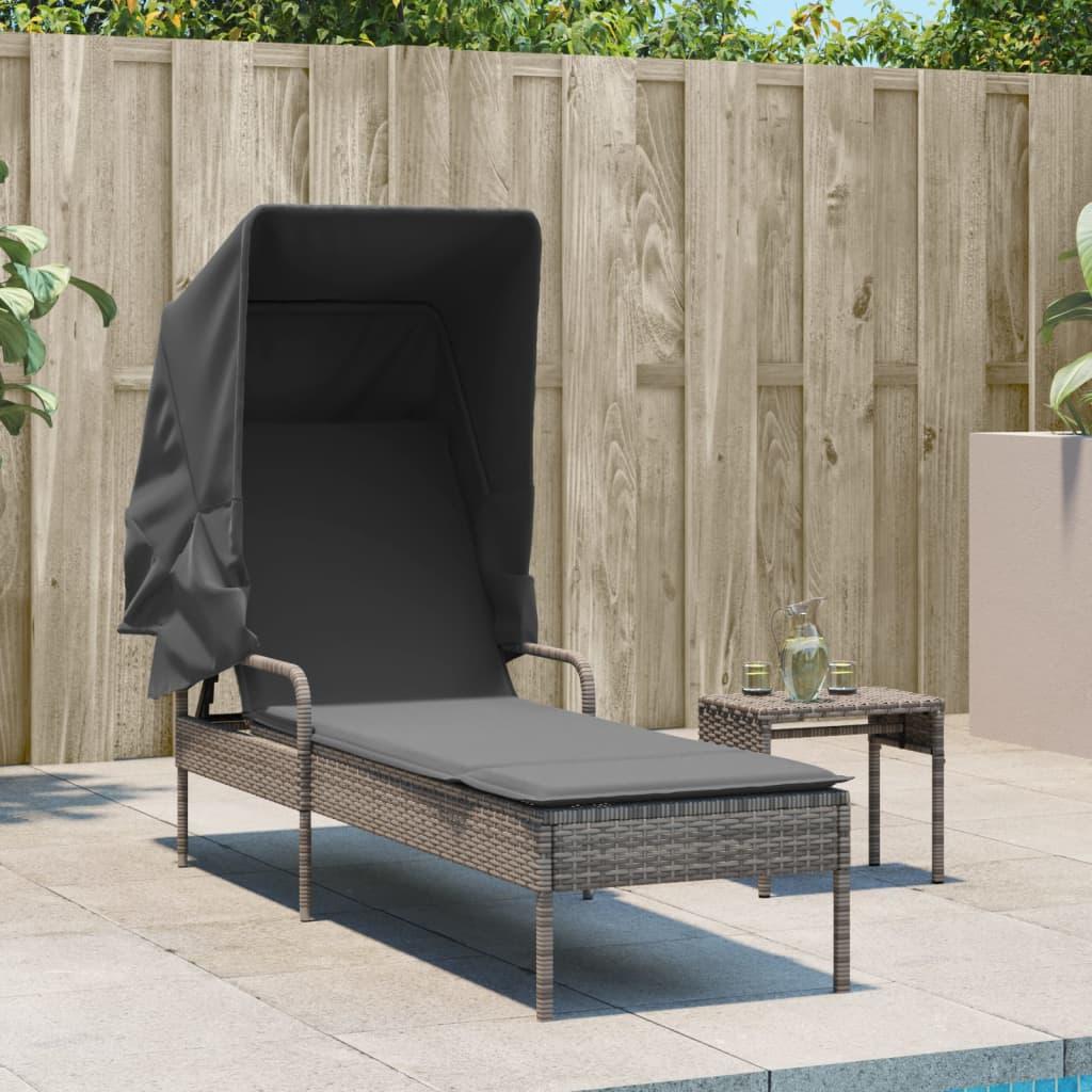 Sun Lounger with Canopy Grey Poly Rattan