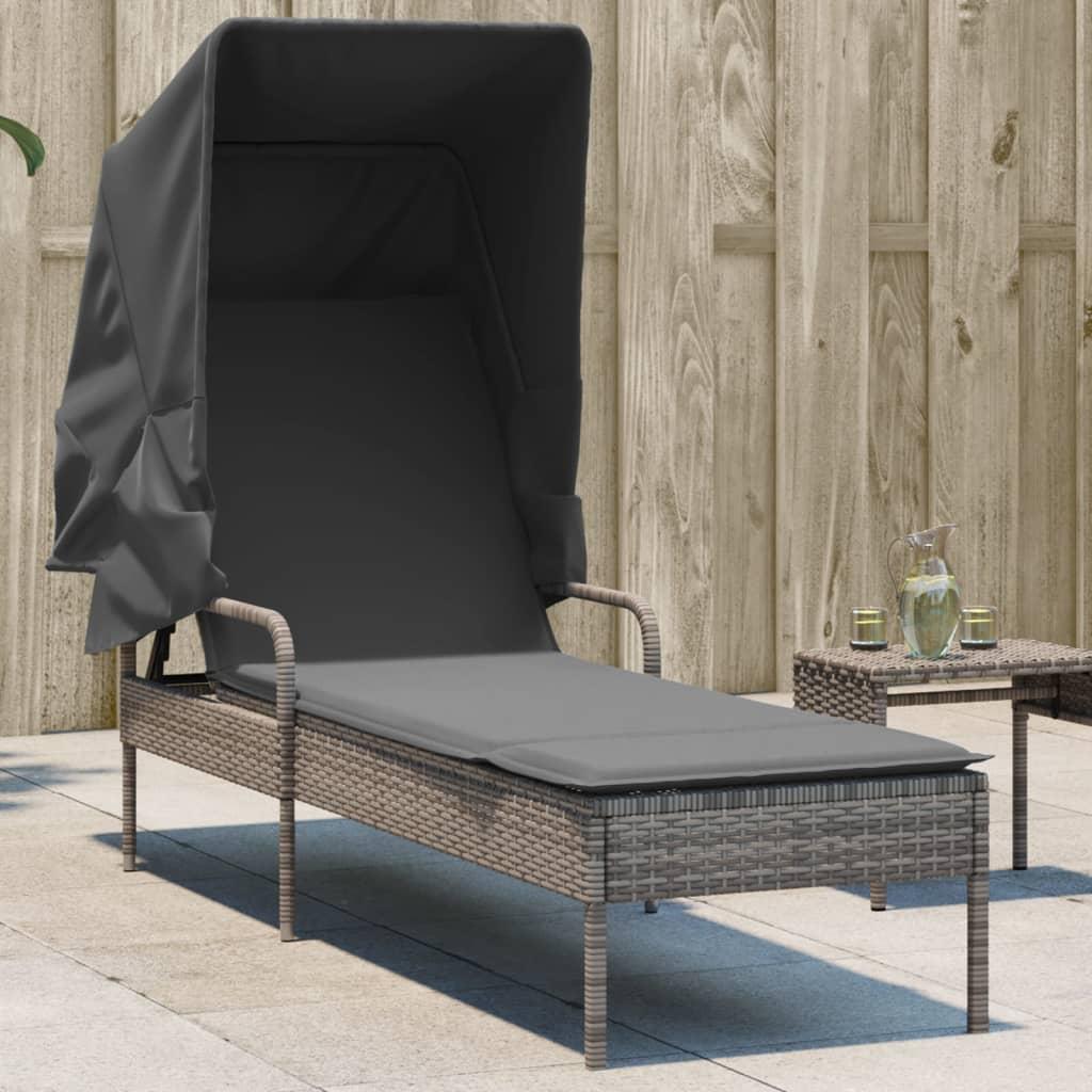 Sun Lounger with Canopy Grey Poly Rattan