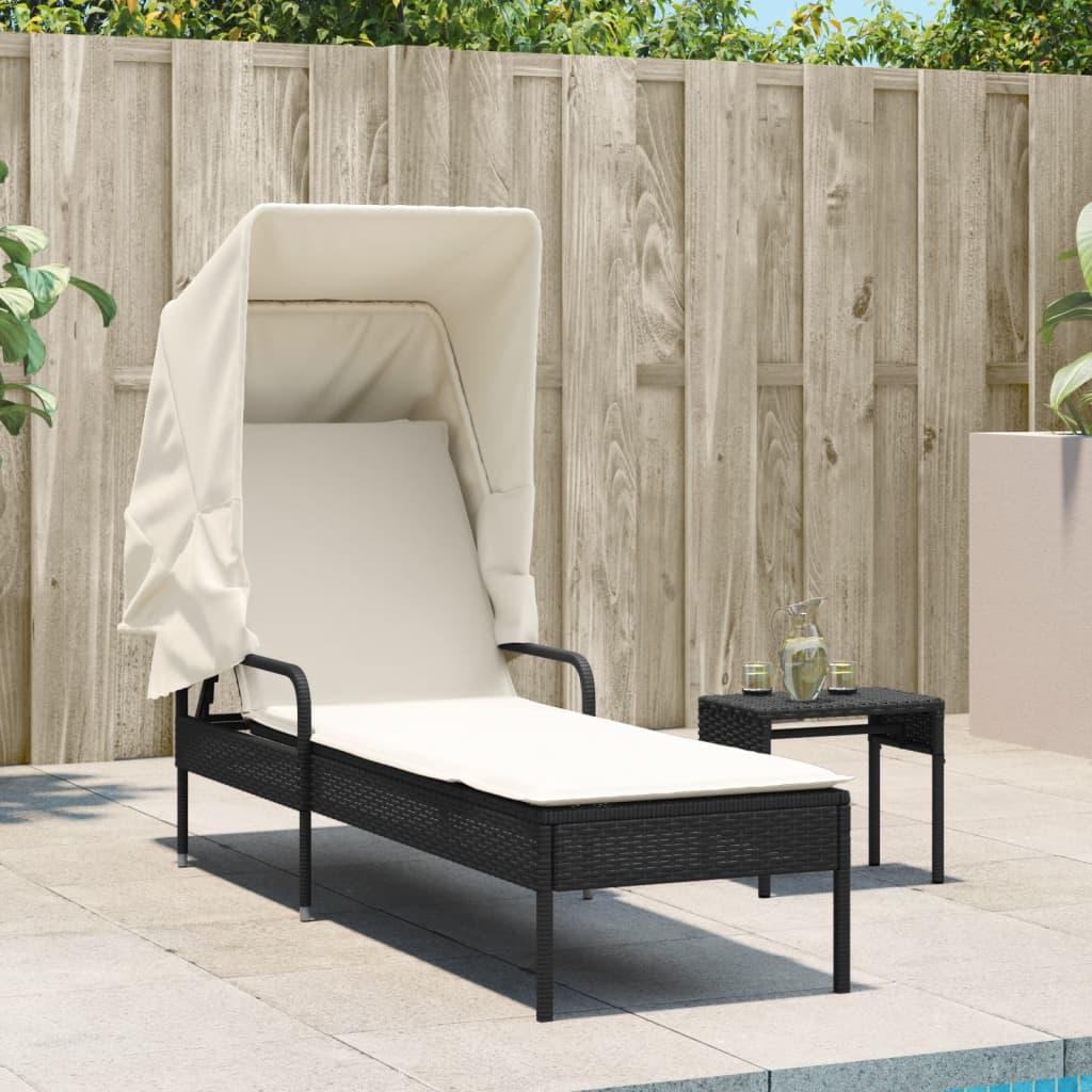 Sun Lounger with Canopy and Table Black Poly Rattan