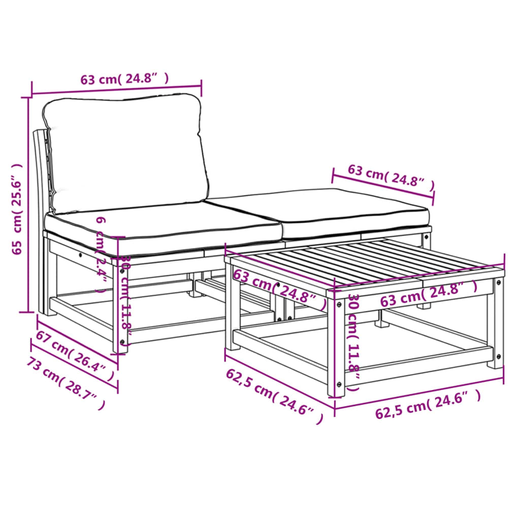 3 Piece Garden Lounge Set with Cushions Solid Wood Acacia