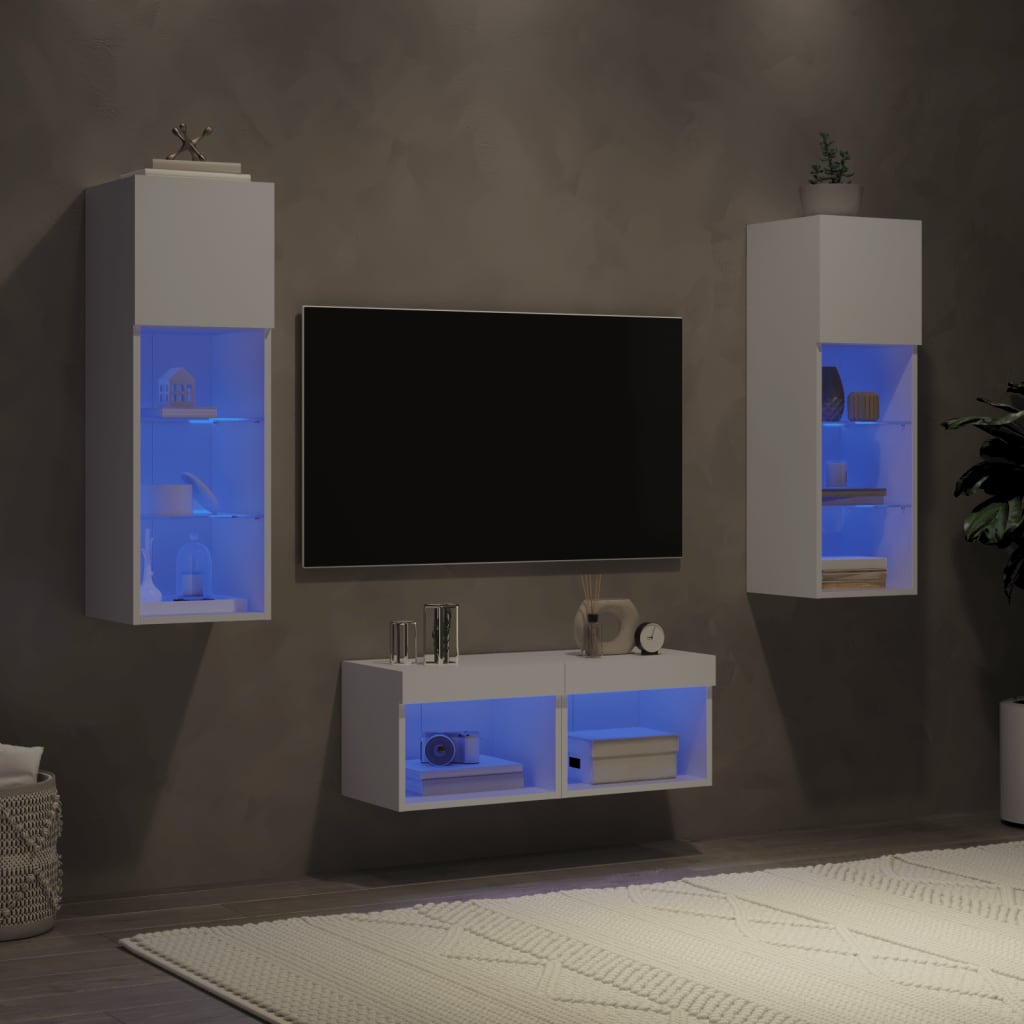 4 Piece TV Wall Cabinets with LED Lights White