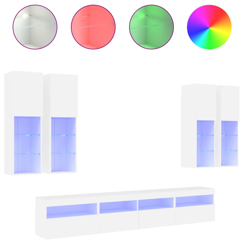 7 Piece TV Wall Cabinet Set with LED Lights White