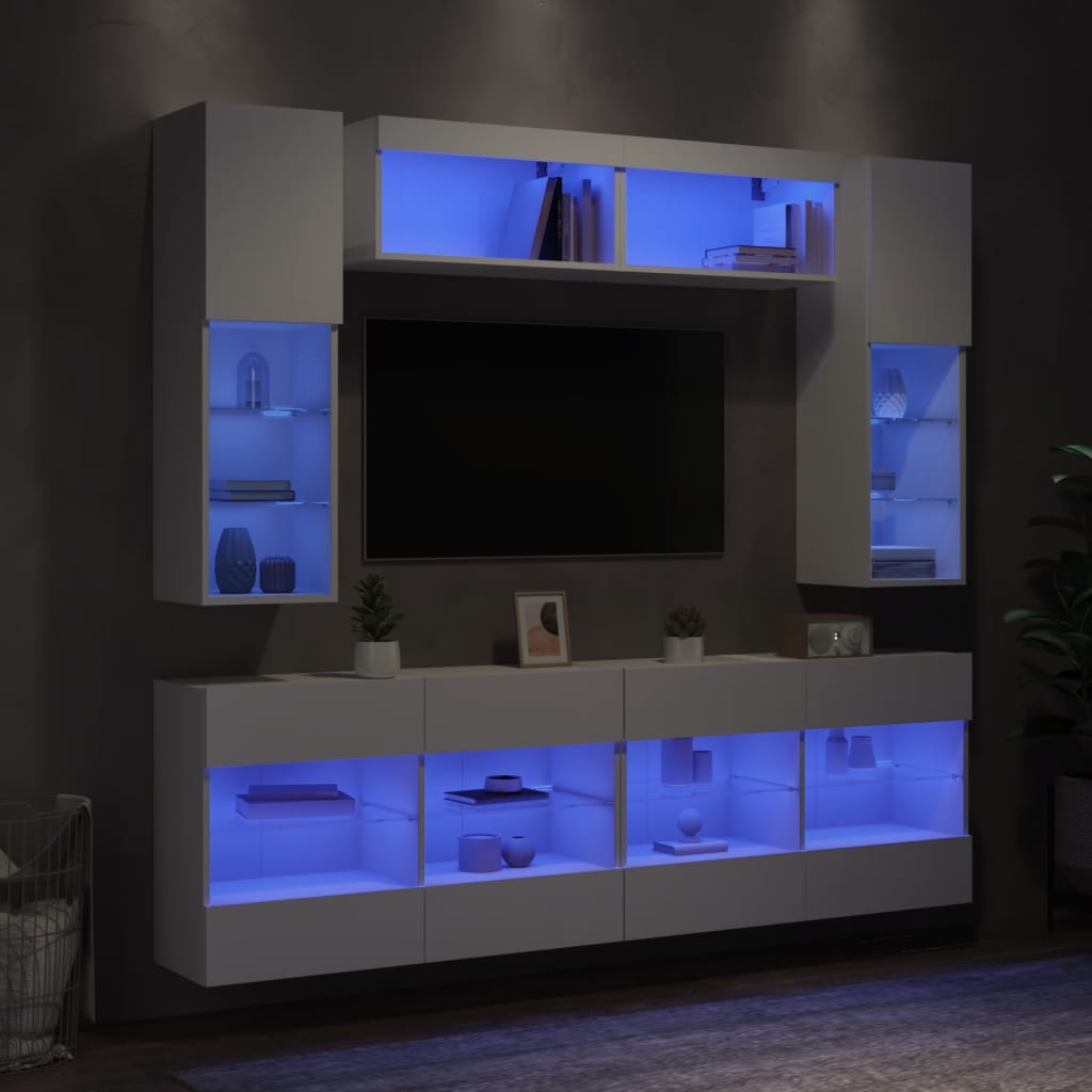 6 Piece TV Wall Cabinet Set with LED Lights White