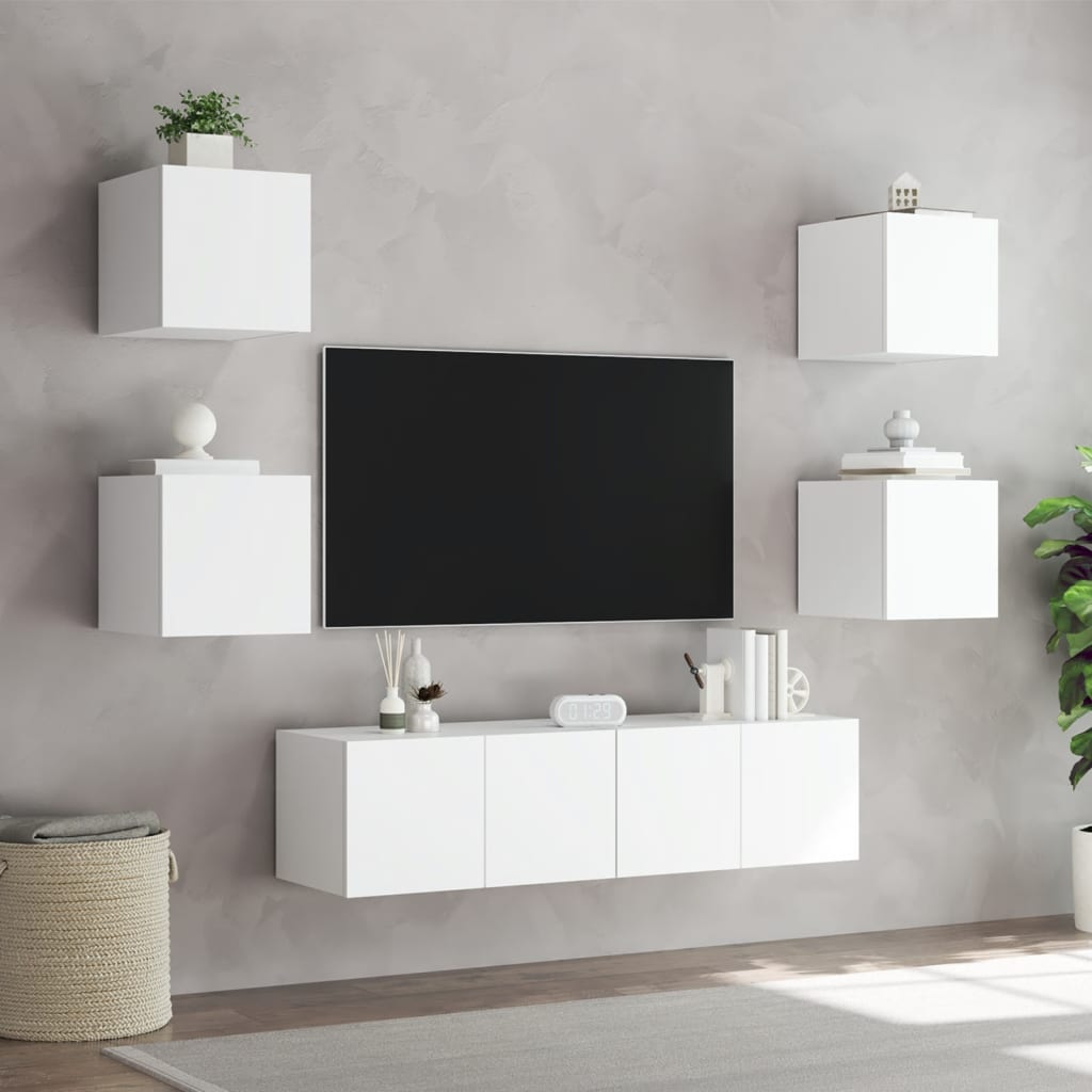 6 Piece TV Wall Units with LED White Engineered Wood