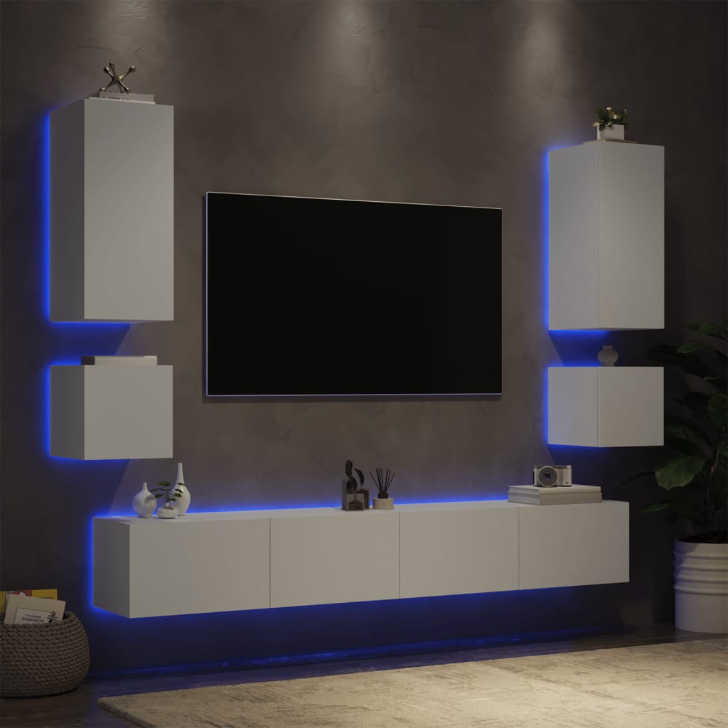 6 Piece TV Wall Cabinets with LED Lights White