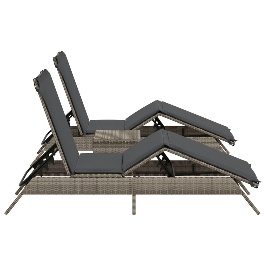 Sun Loungers 2 pcs with Table Grey Poly Rattan