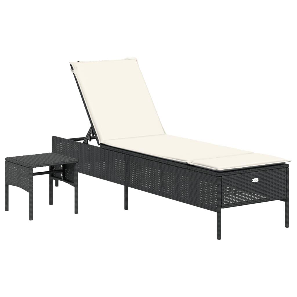 Sun Lounger with Table and Cushion Black Poly Rattan