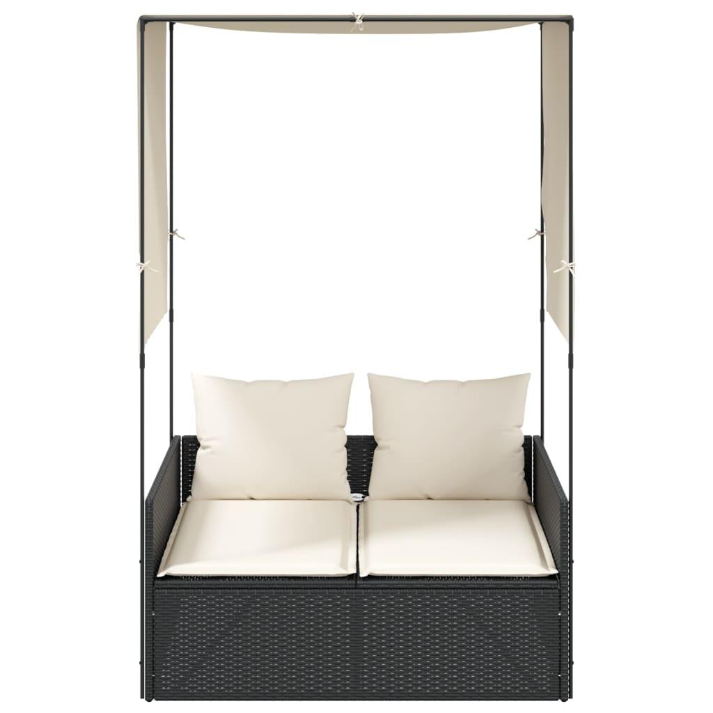 Double Sun Lounger with Roof and Curtains Black Poly Rattan