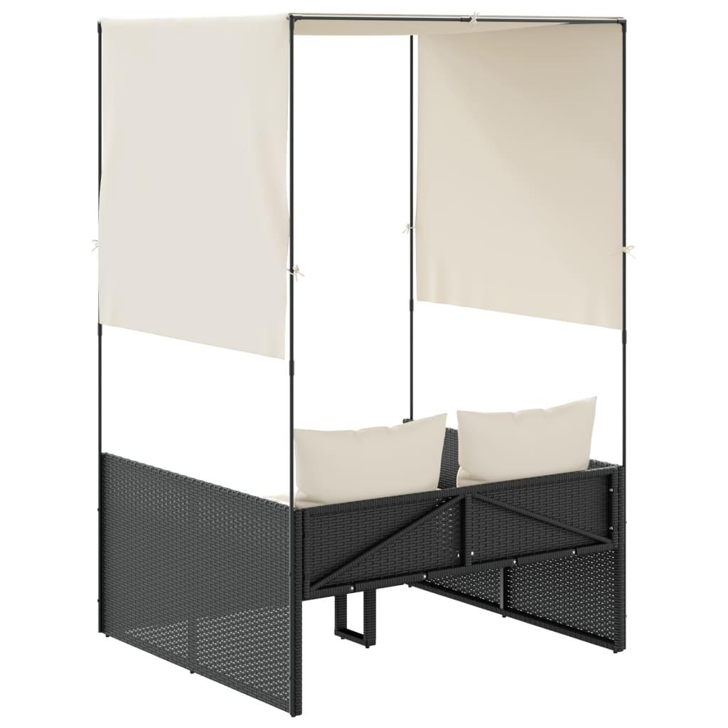 Double Sun Lounger with Roof and Curtains Black Poly Rattan