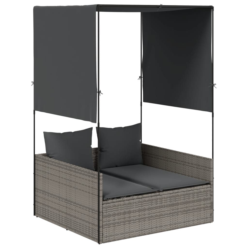 Double Sun Lounger with Roof and Curtains Grey Poly Rattan