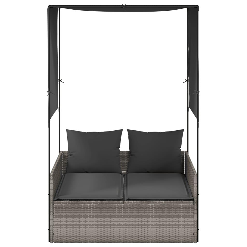 Double Sun Lounger with Roof and Curtains Grey Poly Rattan