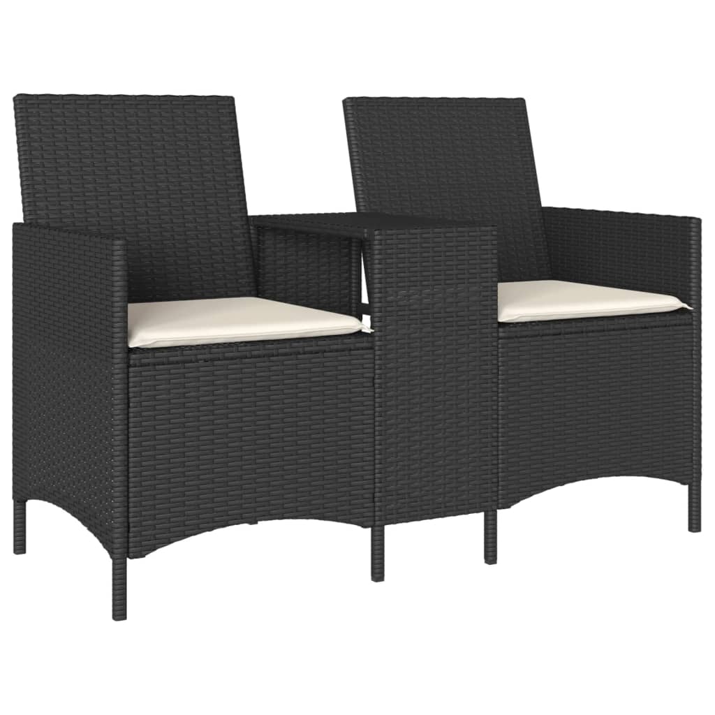 Garden Sofa 2-Seater with Table and Cushions Black Poly Rattan
