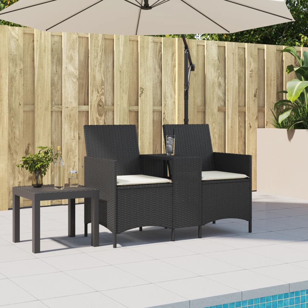 Garden Sofa 2-Seater with Table and Cushions Black Poly Rattan