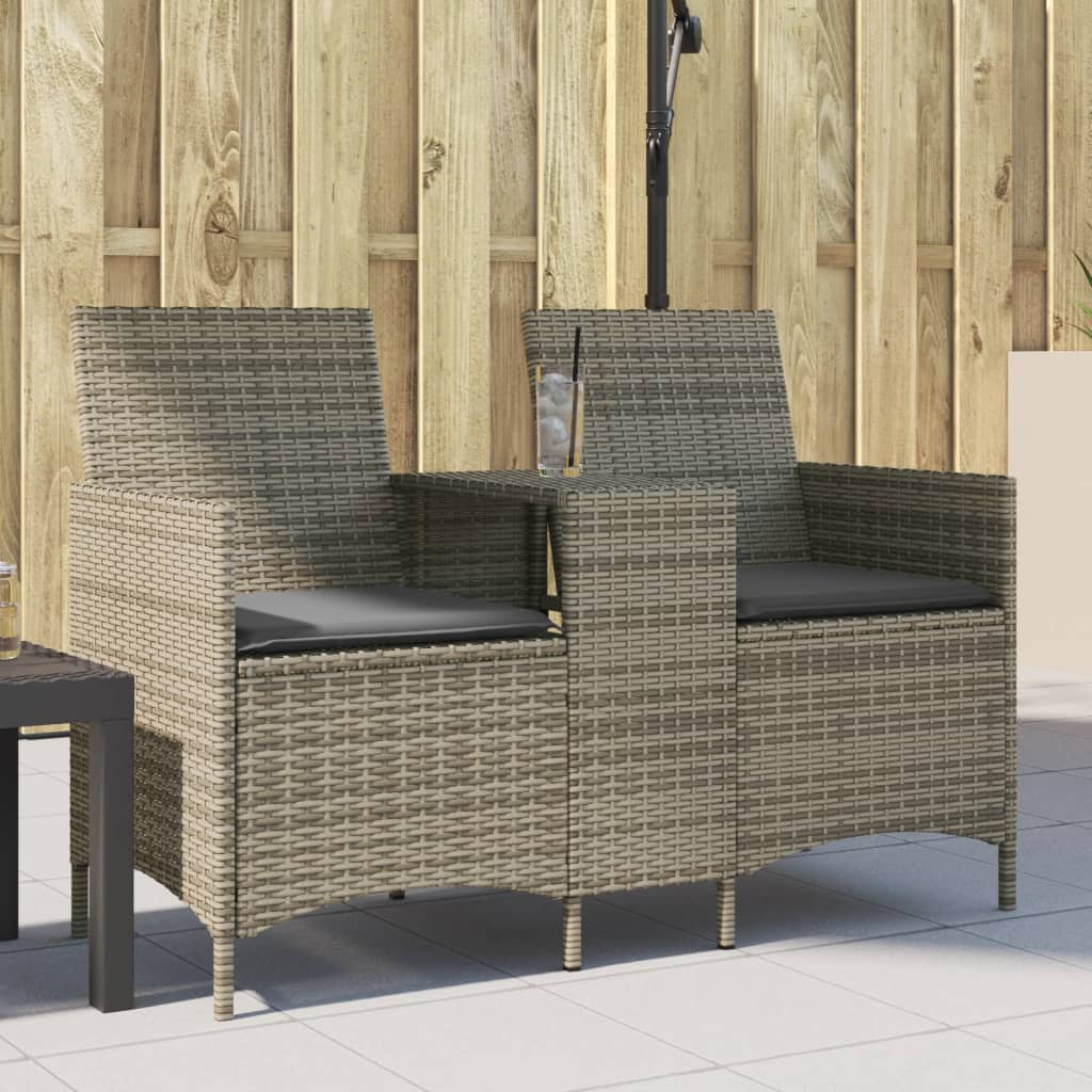 Garden Sofa 2-Seater with Table and Cushions Grey Poly Rattan