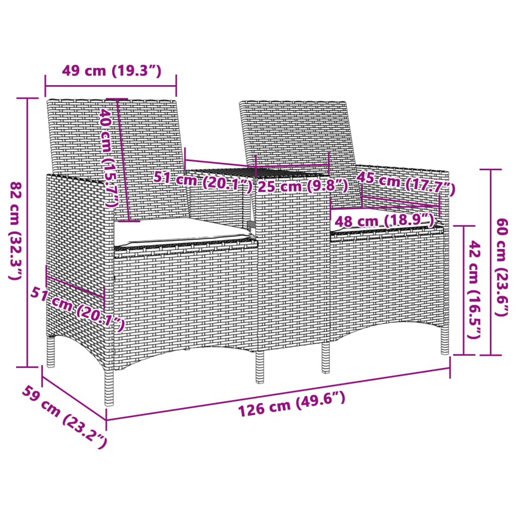 Garden Sofa 2-Seater with Table and Cushions Grey Poly Rattan