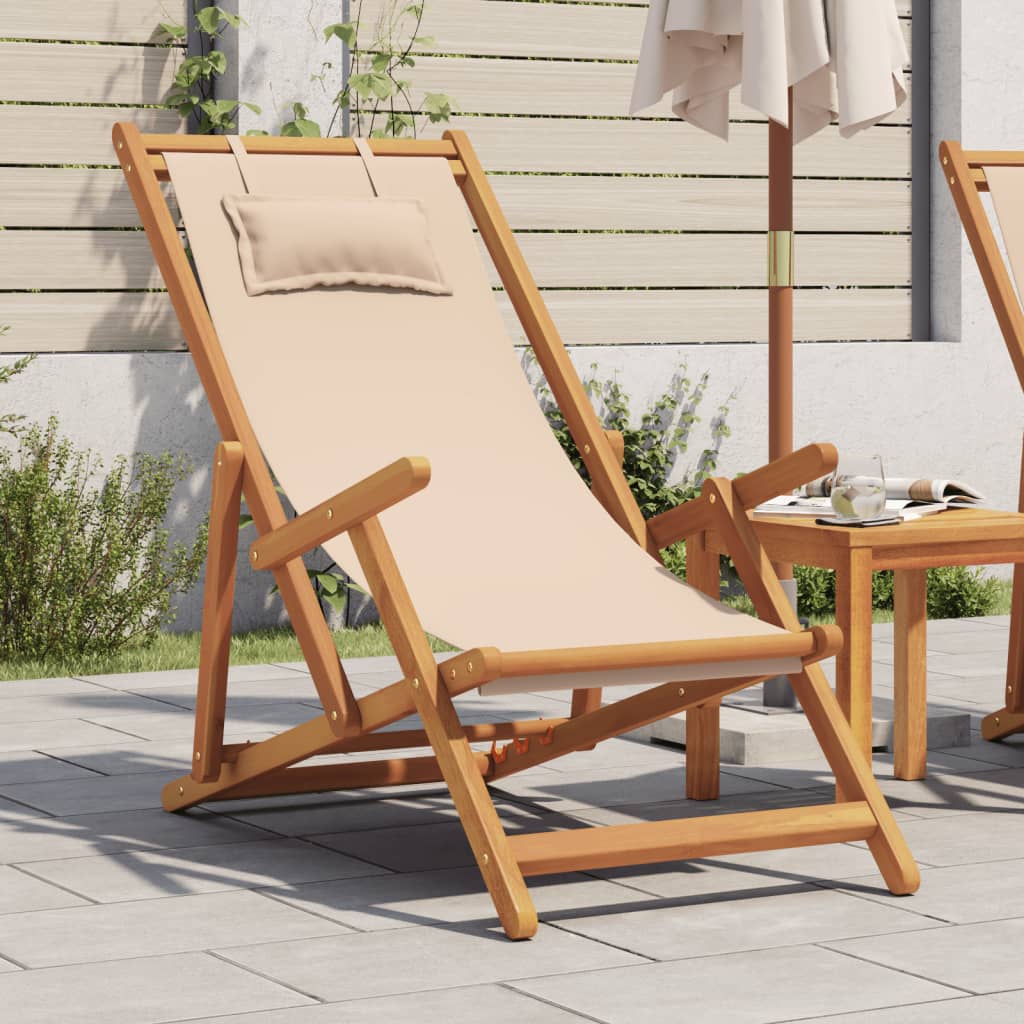Folding Chair Beige Solid Wood Eucalyptus and Fabric