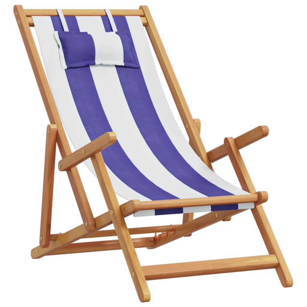 Folding Chair Blue and White Solid Wood Eucalyptus and Fabric