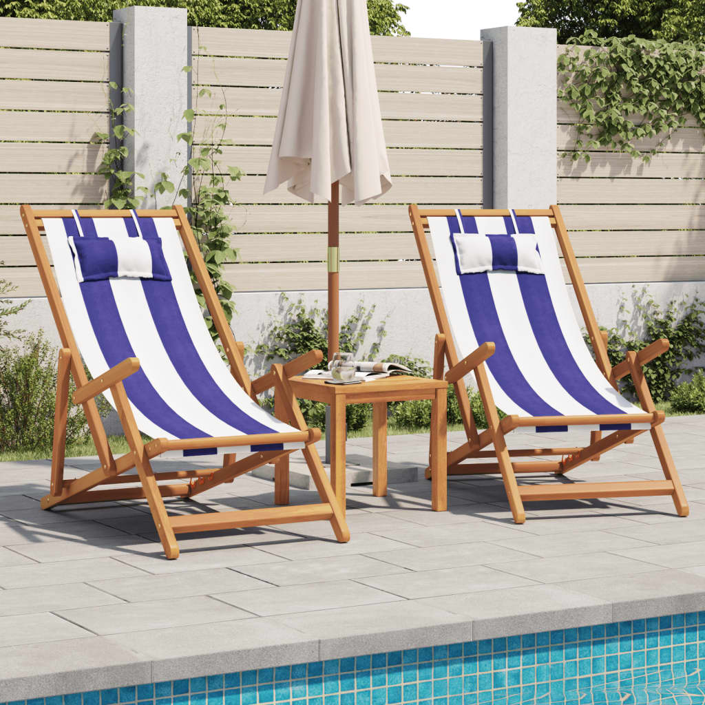 Folding Chair Blue and White Solid Wood Eucalyptus and Fabric