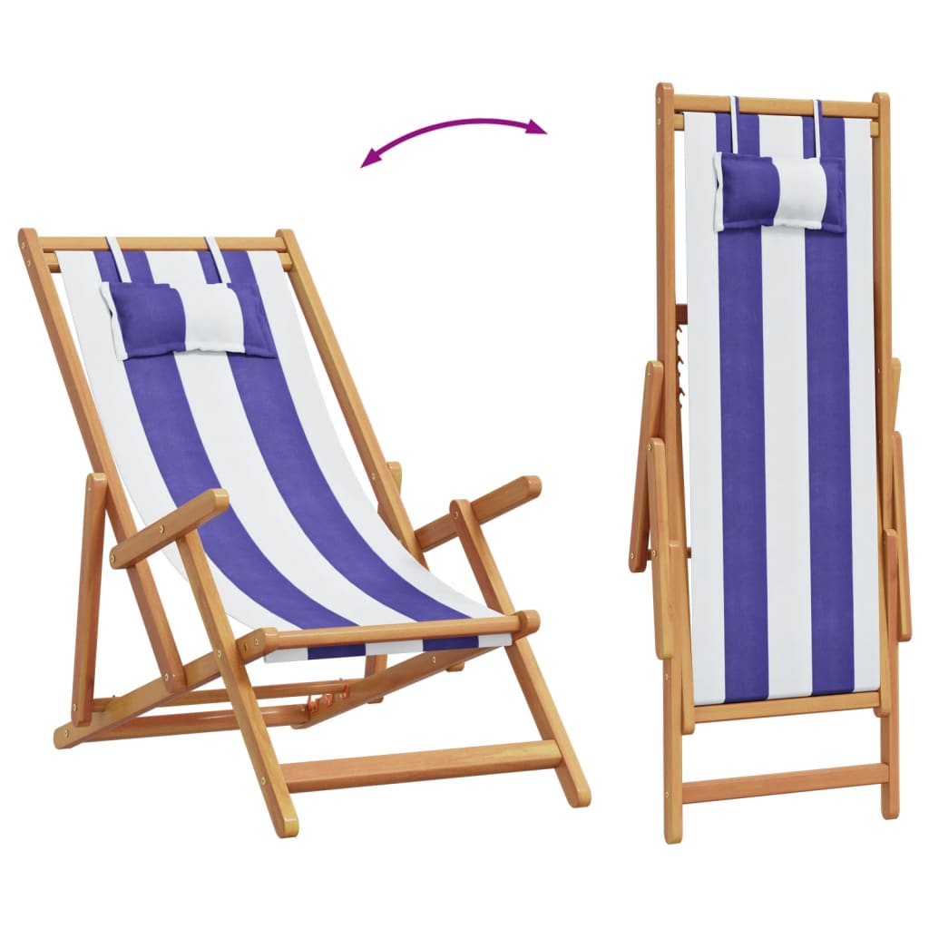 Folding Chair Blue and White Solid Wood Eucalyptus and Fabric