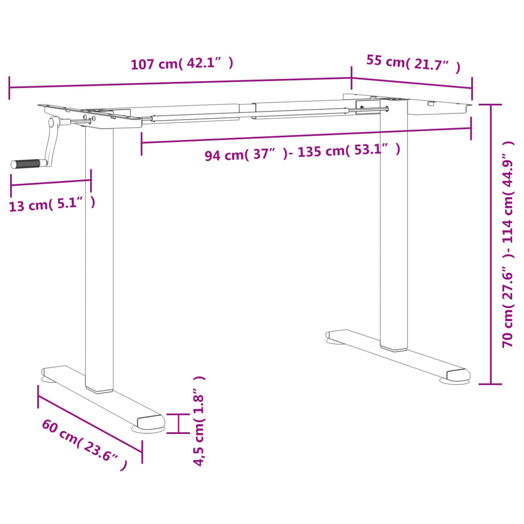 Standing Desk Frame White (94-135)x60x(70-114) cm Steel
