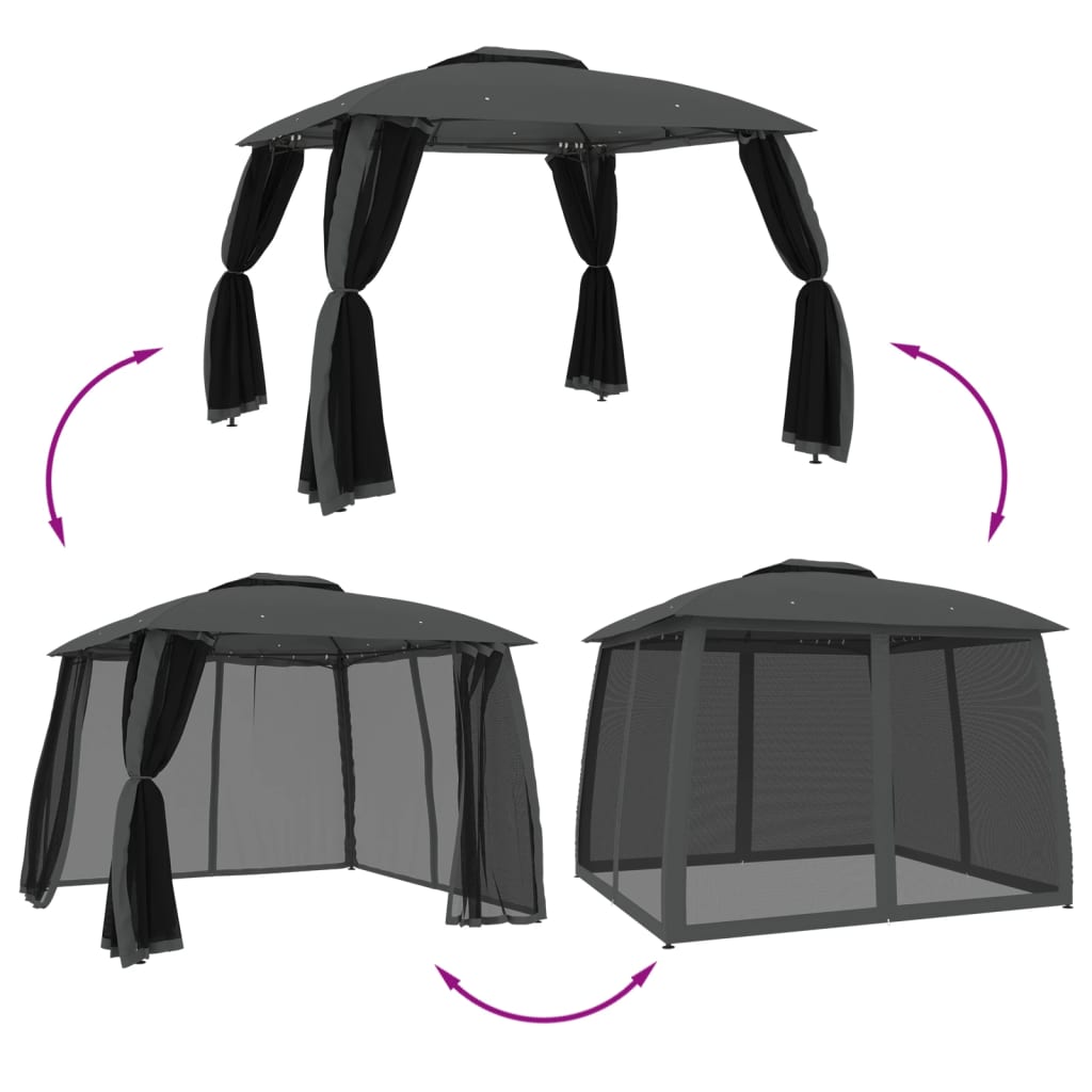 Gazebo with Double Roof&Mesh Walls Anthracite 2.93x2.93 m Steel