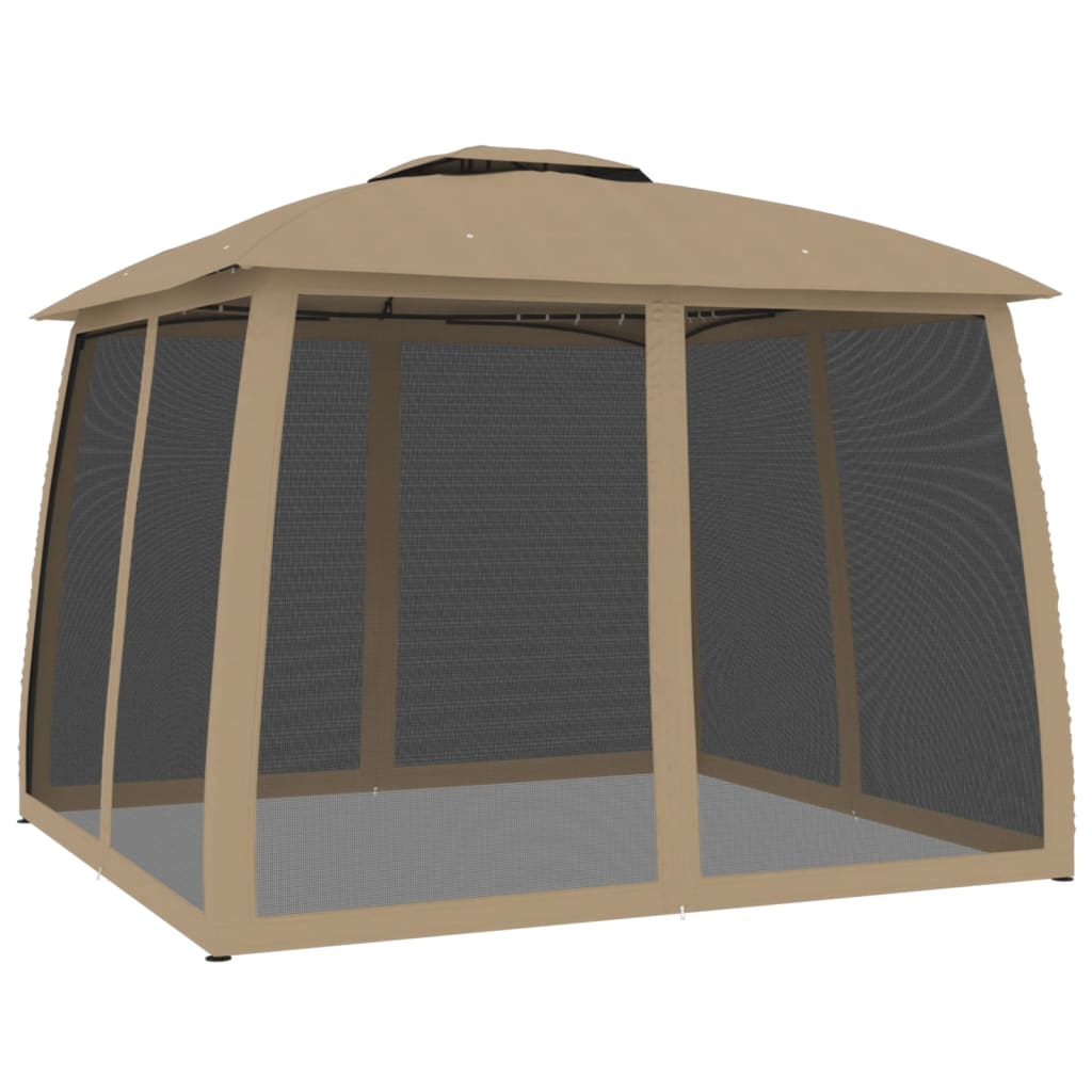 Gazebo with Double Roof&Mesh Walls Taupe 2.93x2.93 m Steel