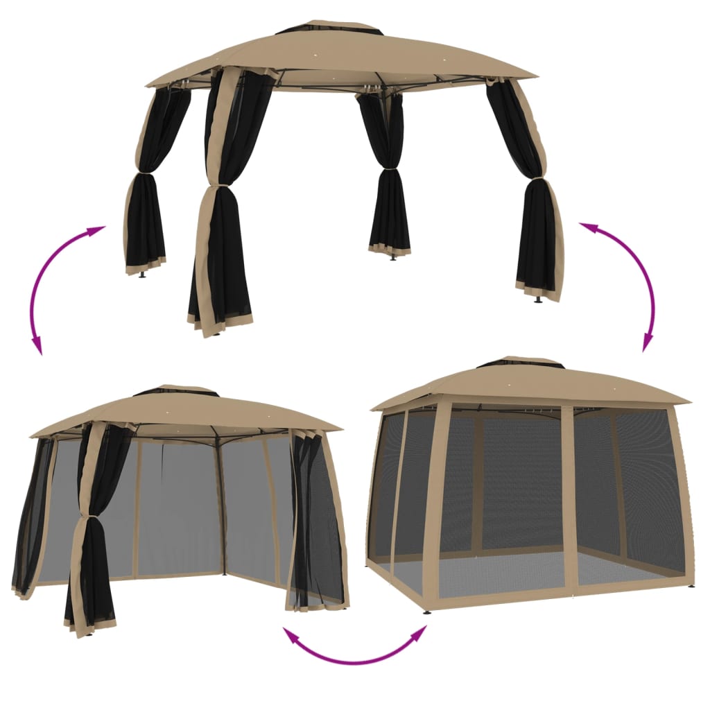 Gazebo with Double Roof&Mesh Walls Taupe 2.93x2.93 m Steel