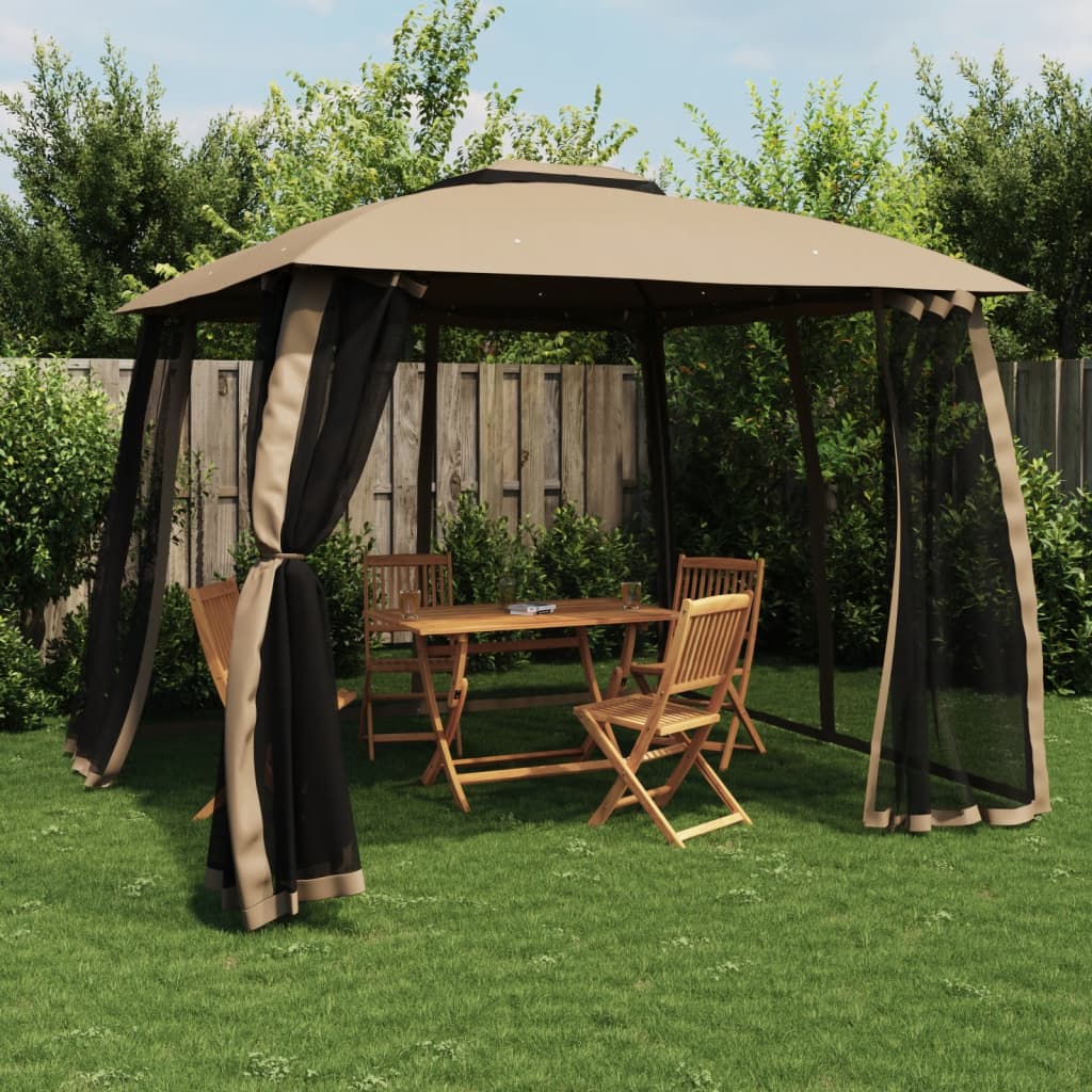 Gazebo with Double Roof&amp;Mesh Walls Taupe 2.93x2.93 m Steel