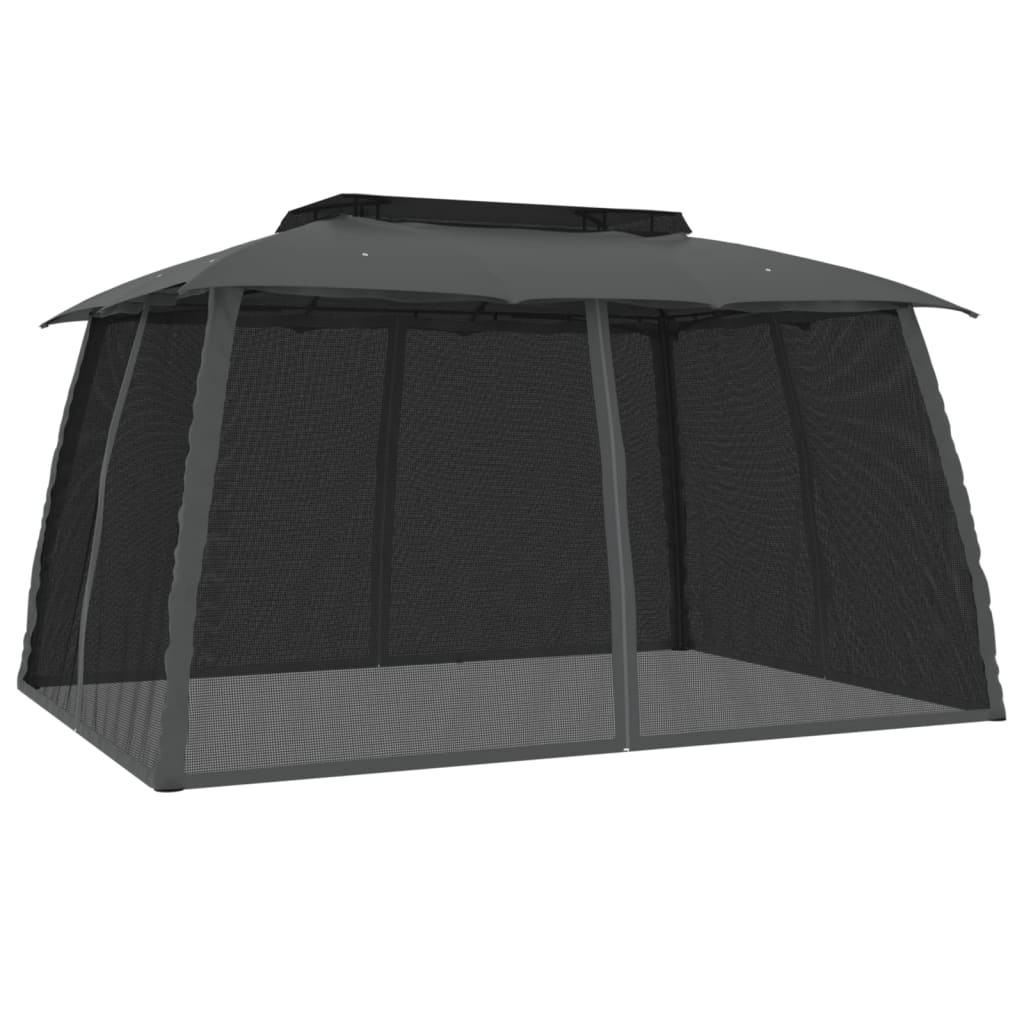 Gazebo with Double Roof&Mesh Walls Anthracite 3.93x2.93 m Steel