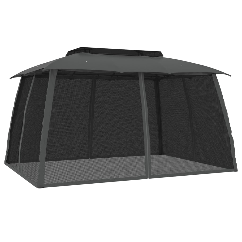 Gazebo with Double Roof&Mesh Walls Anthracite 3.93x2.93 m Steel