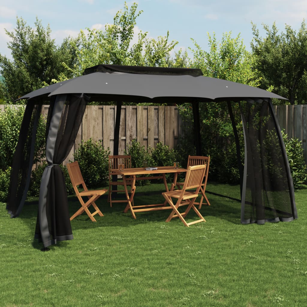 Gazebo with Double Roof&amp;Mesh Walls Anthracite 3.93x2.93 m Steel