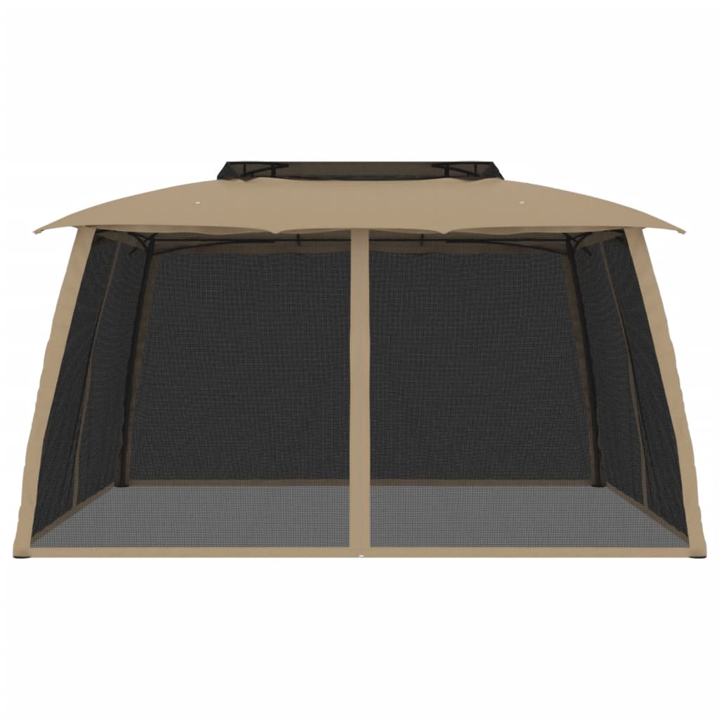 Gazebo with Double Roof&Mesh Walls Taupe 3.93x2.93 m Steel