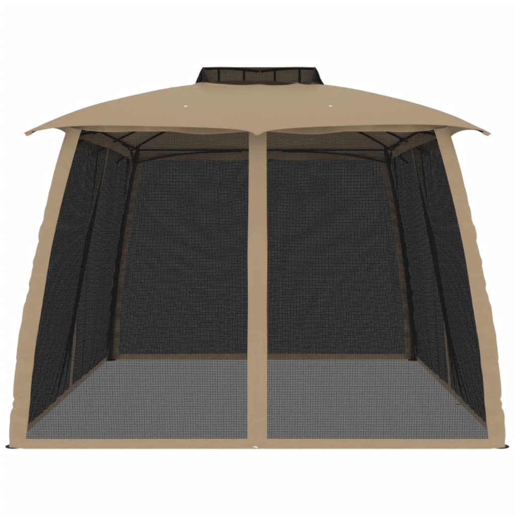 Gazebo with Double Roof&Mesh Walls Taupe 3.93x2.93 m Steel