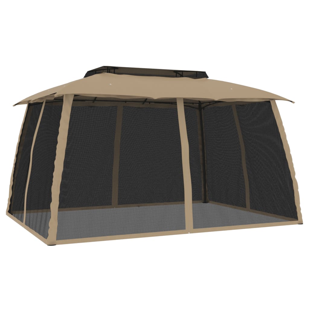 Gazebo with Double Roof&Mesh Walls Taupe 3.93x2.93 m Steel