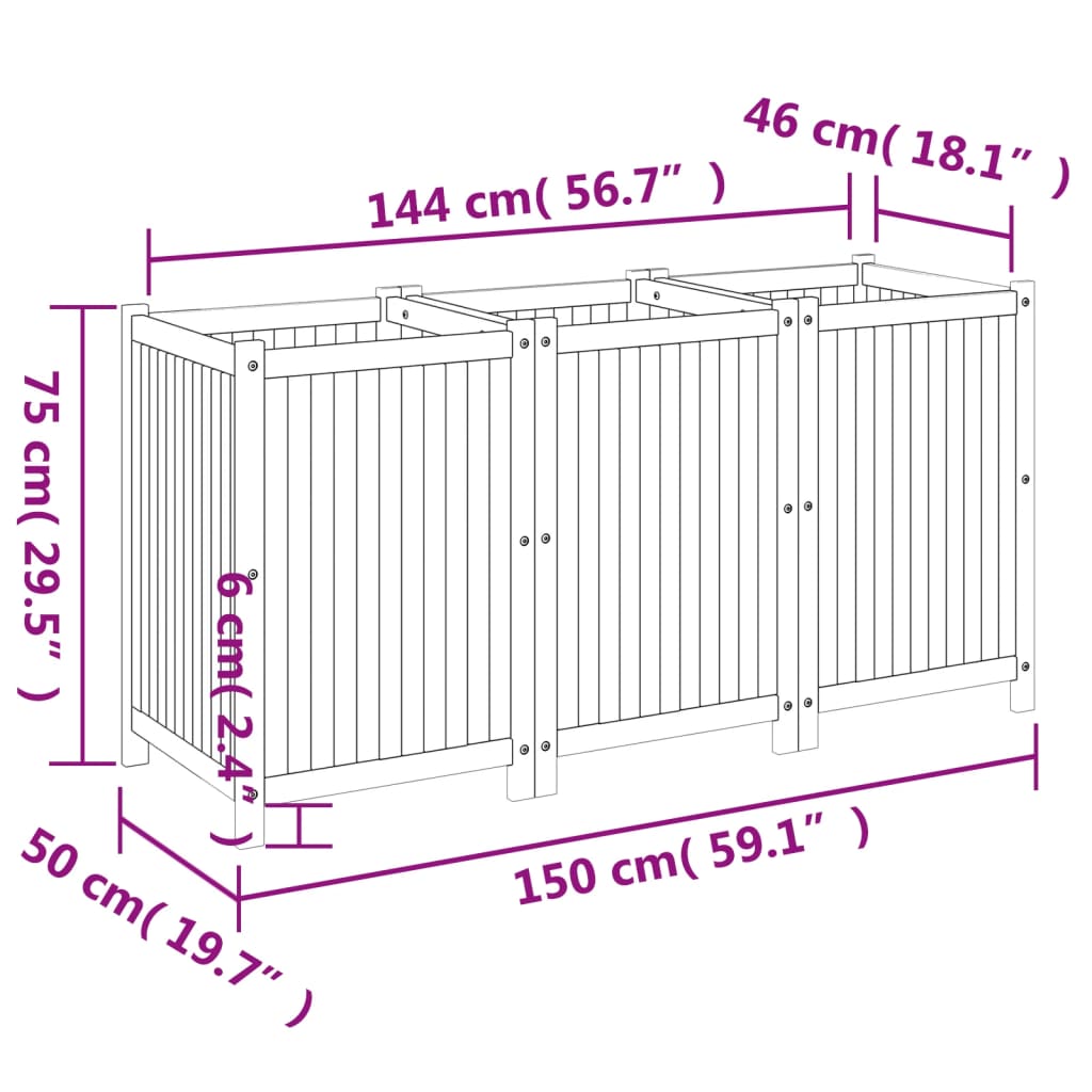 Garden Planter with Liner 150x50x75 cm Solid Wood Acacia