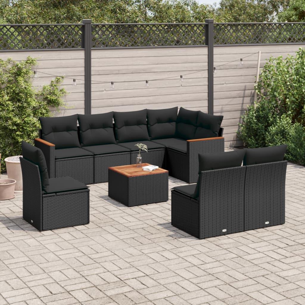 9 Piece Garden Sofa Set with Cushions Black Poly Rattan