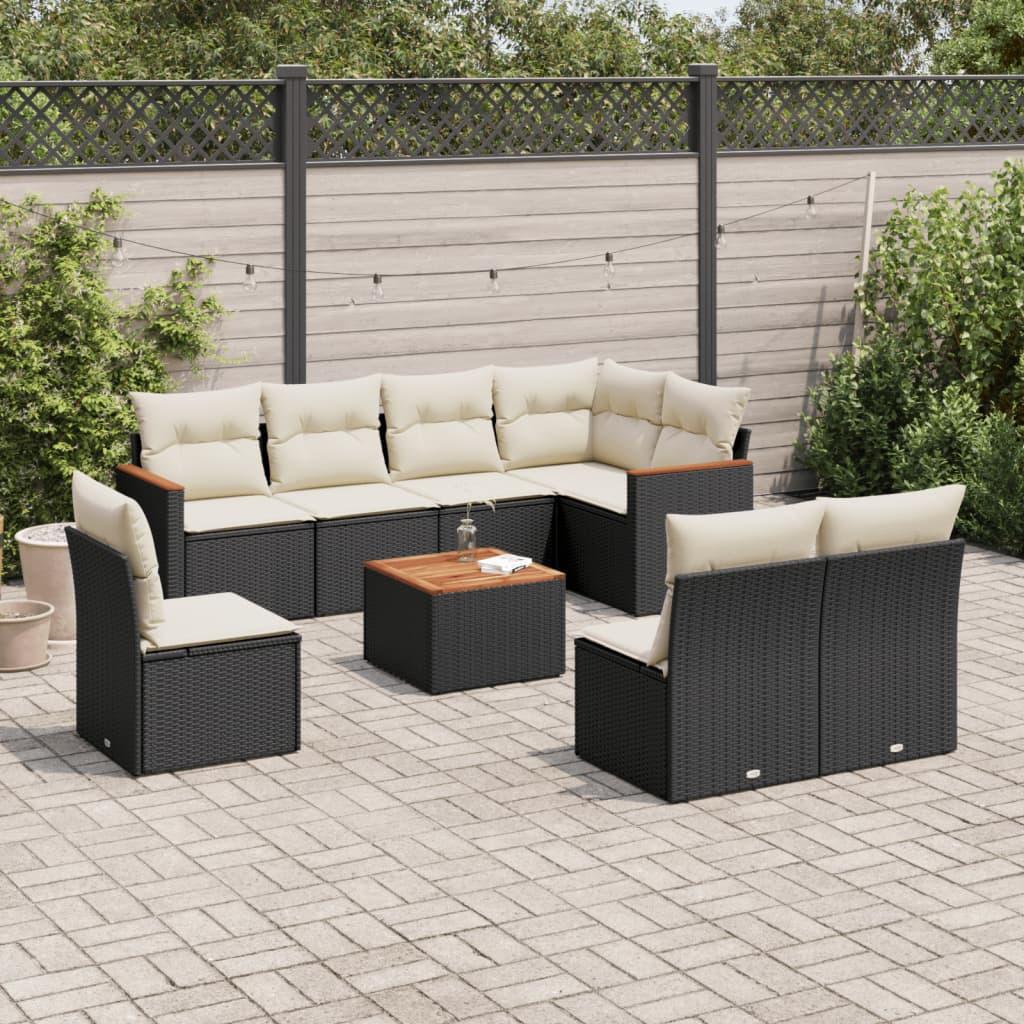 9 Piece Garden Sofa Set with Cushions Black Poly Rattan