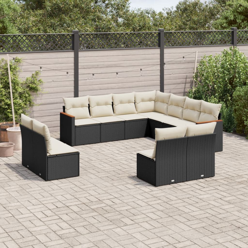 11 Piece Garden Sofa Set with Cushions Black Poly Rattan