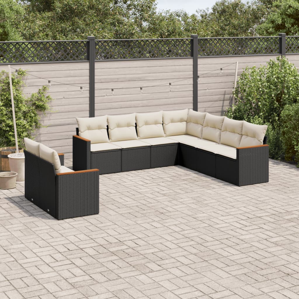 9 Piece Garden Sofa Set with Cushions Black Poly Rattan