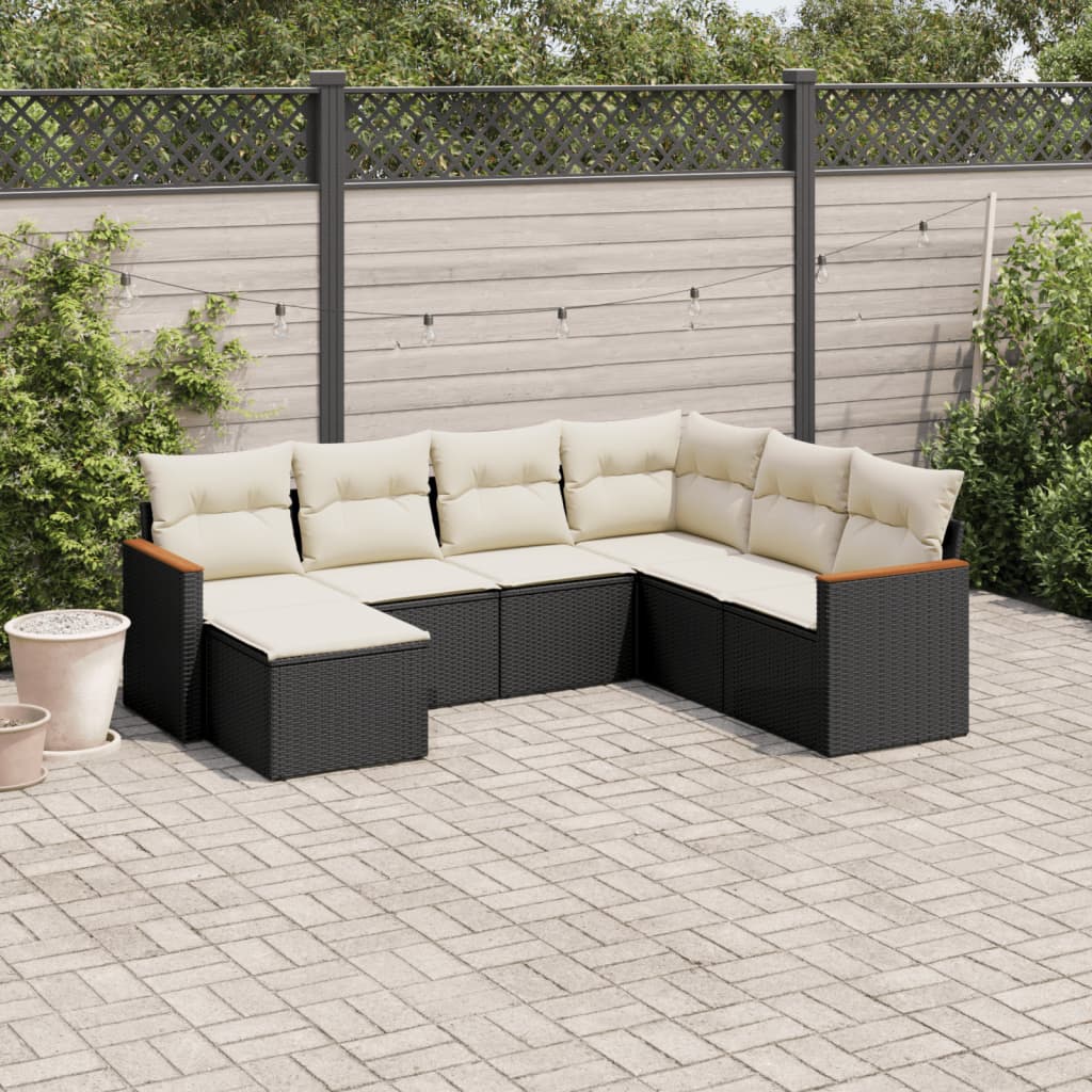 7 Piece Garden Sofa Set with Cushions Black Poly Rattan