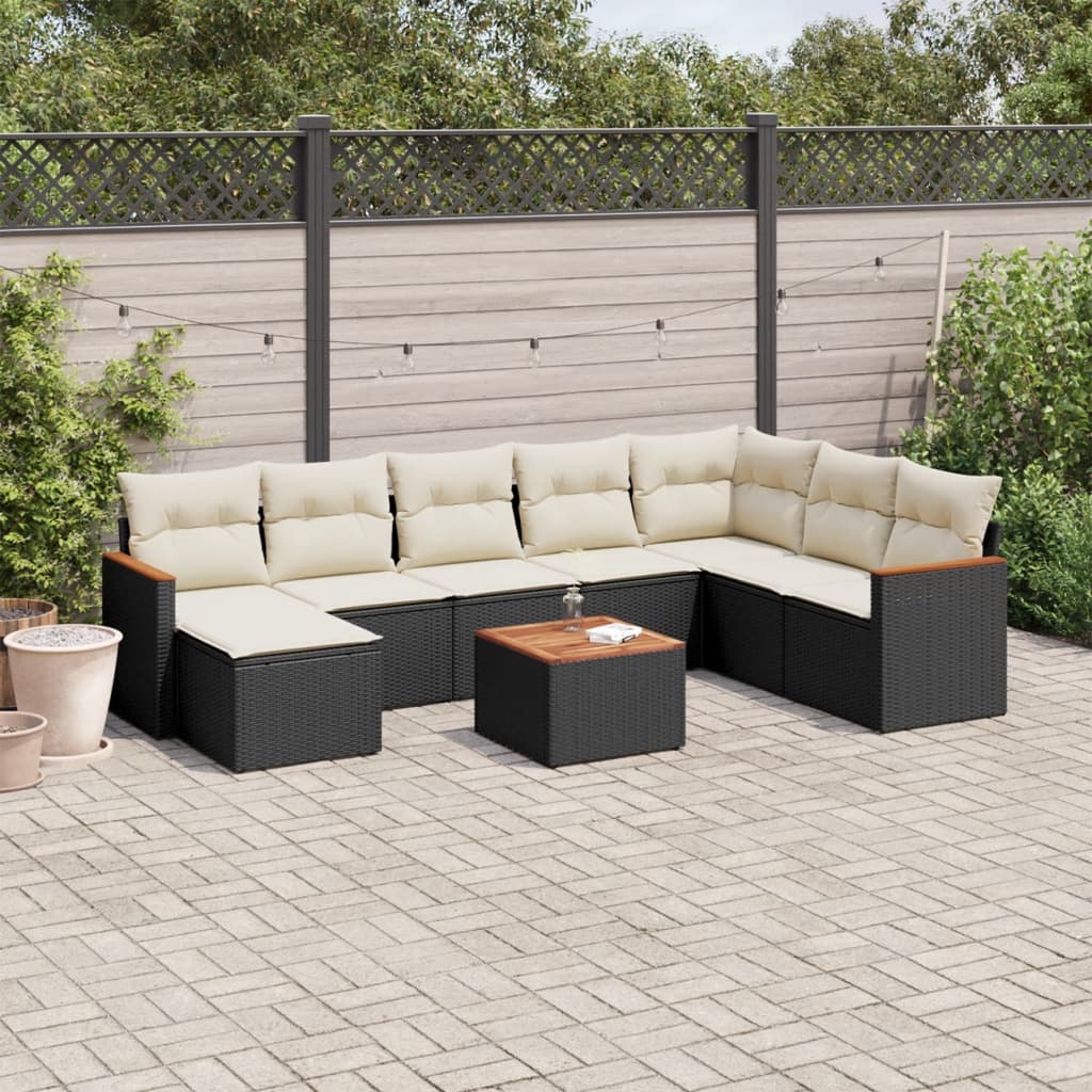 9 Piece Garden Sofa Set with Cushions Black Poly Rattan