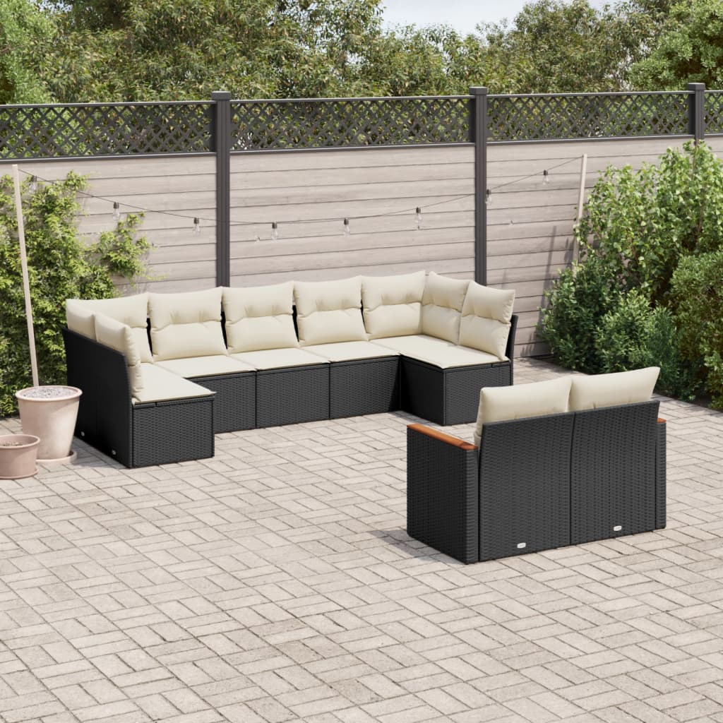 9 Piece Garden Sofa Set with Cushions Black Poly Rattan