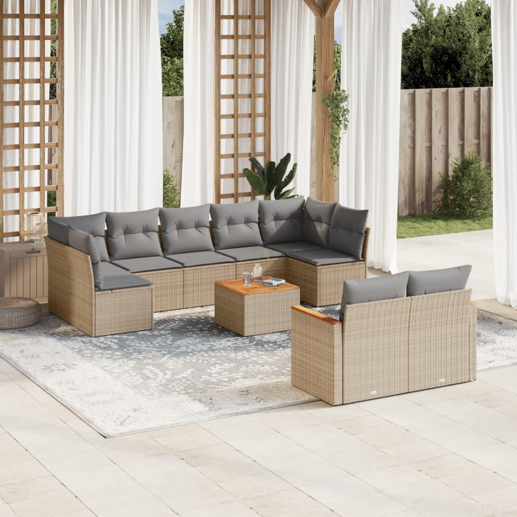 10 Piece Garden Sofa Set with Cushions Mix Beige Poly Rattan