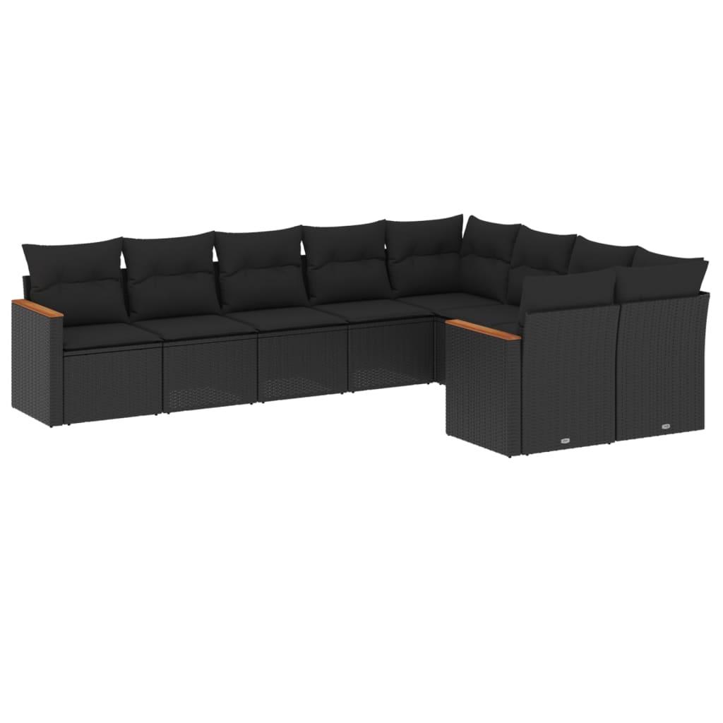 9 Piece Garden Sofa Set with Cushions Black Poly Rattan