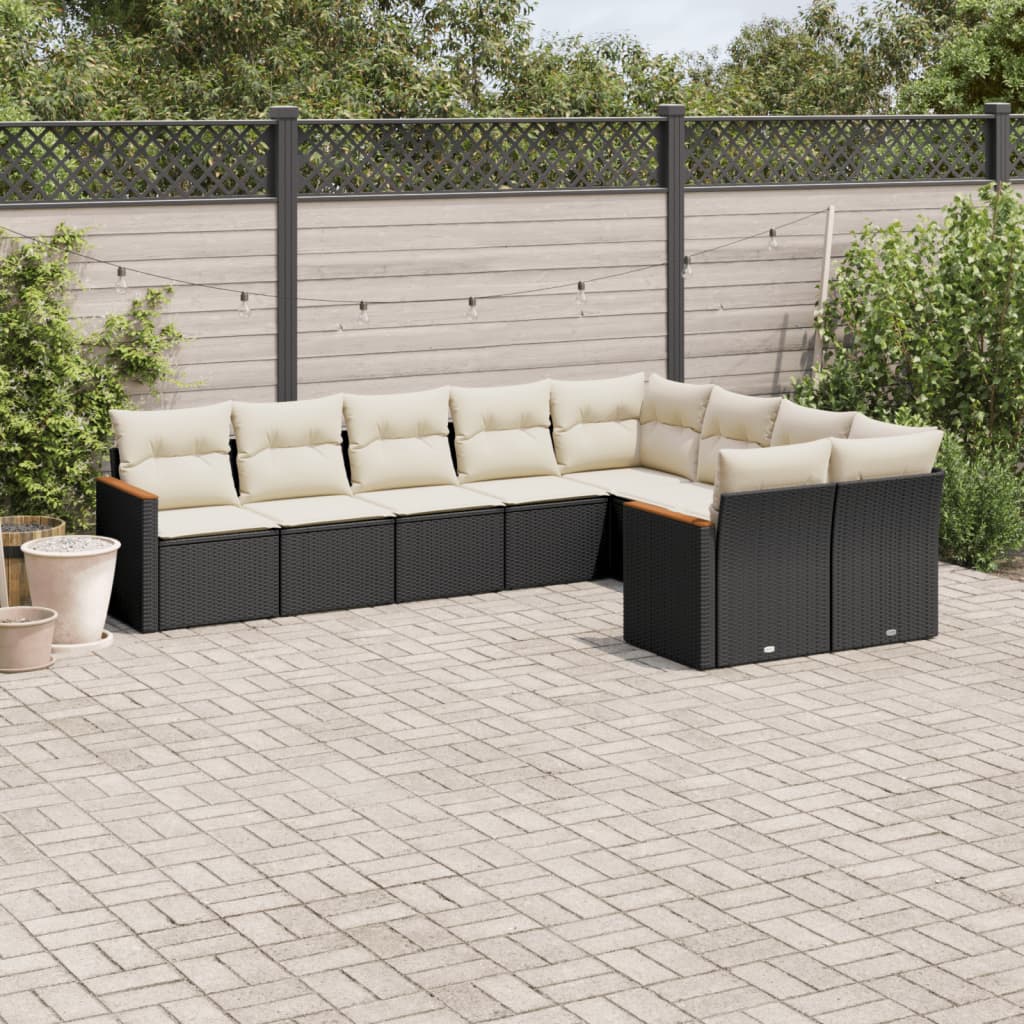 9 Piece Garden Sofa Set with Cushions Black Poly Rattan